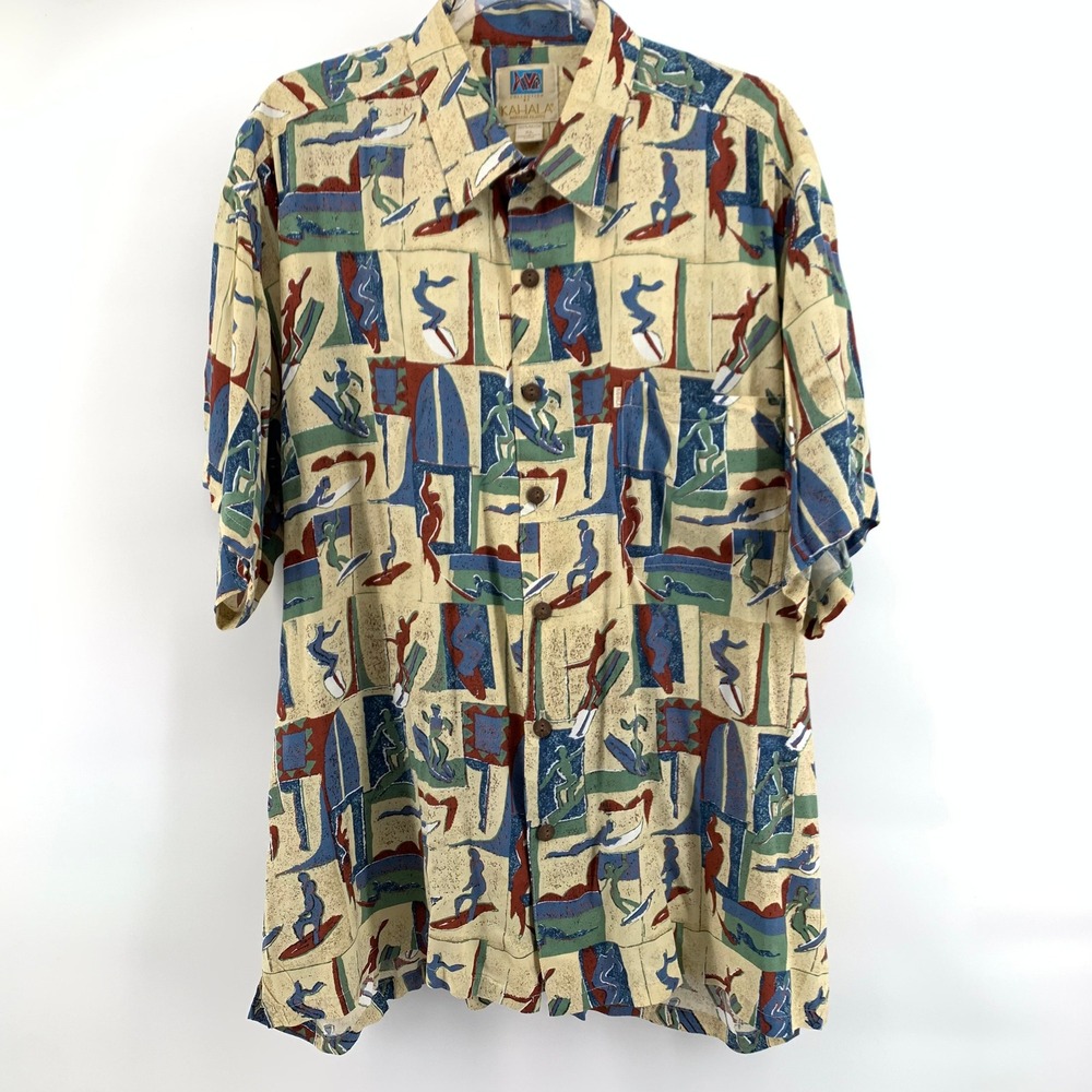 Vintage Kahala Avi Collection XL Rayon Surfer Aloha Hawaiian Shirt Hawaii Made